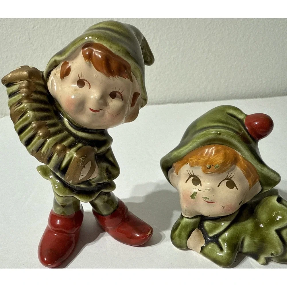 Vtg 2 Pc. Ceramic Pixie Santa Elf Music Christmas‎ Handpainted Figurine Japan 4